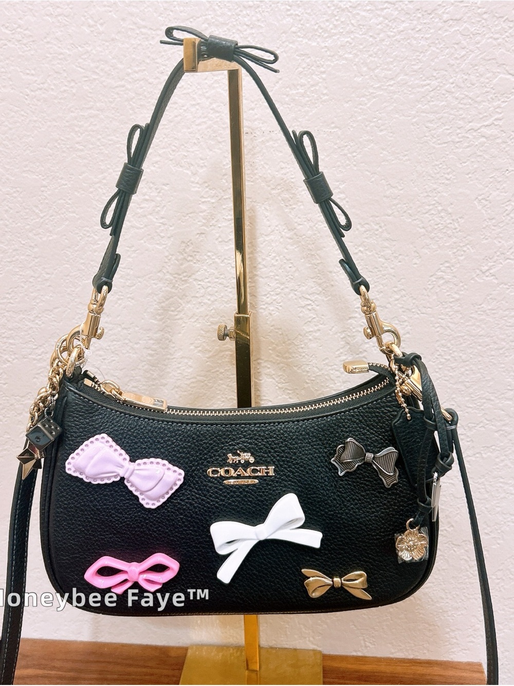 Coach Teri cdy73 Black Leather Shoulder Bag with Multicolor Bow